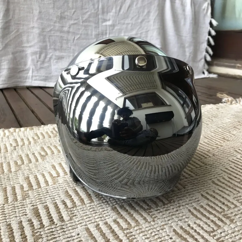 Open Face Helmet Retro Vintage - Ayna Gümüş Krom Motosiklet Açık Yüz